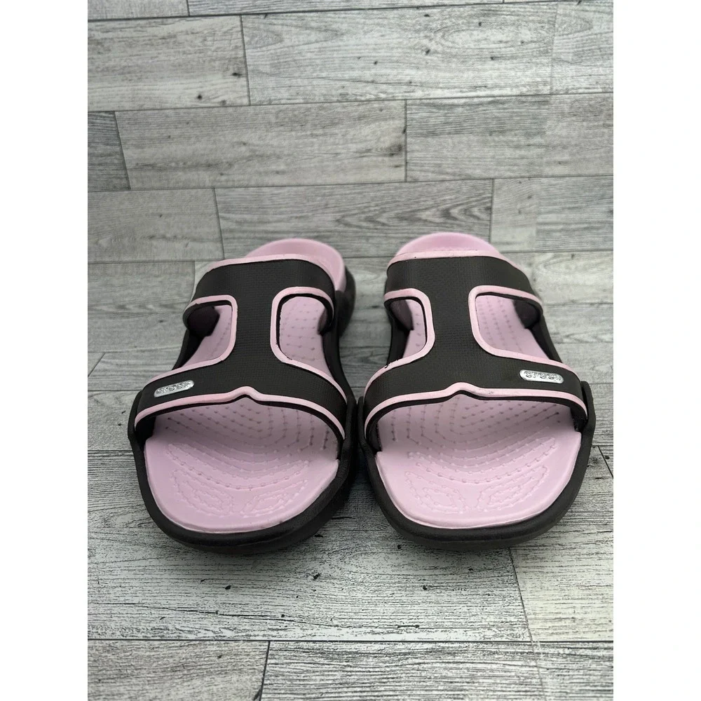Crocs Women Slide Sandals Brown Pink‎ Dual Strap Slip On Shoes Size 11